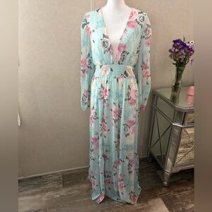 Floral V-Neck Maxi Dress in Light Aqua